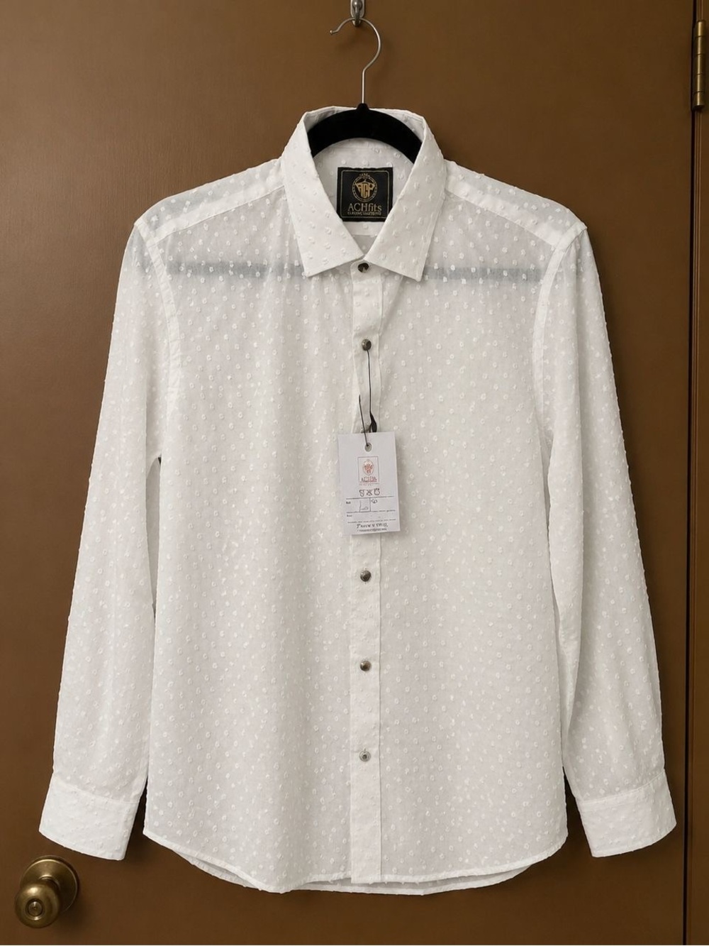 (L) ACHfits Men White Formal swiss Dot European Dress Shirt Button-Up Length 28”